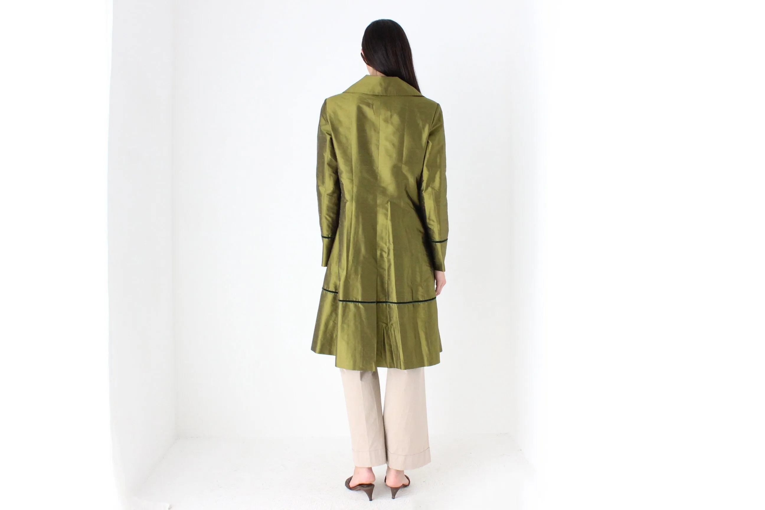 90s Metallic Raw Silk Olive Green Coat by Tintoretto