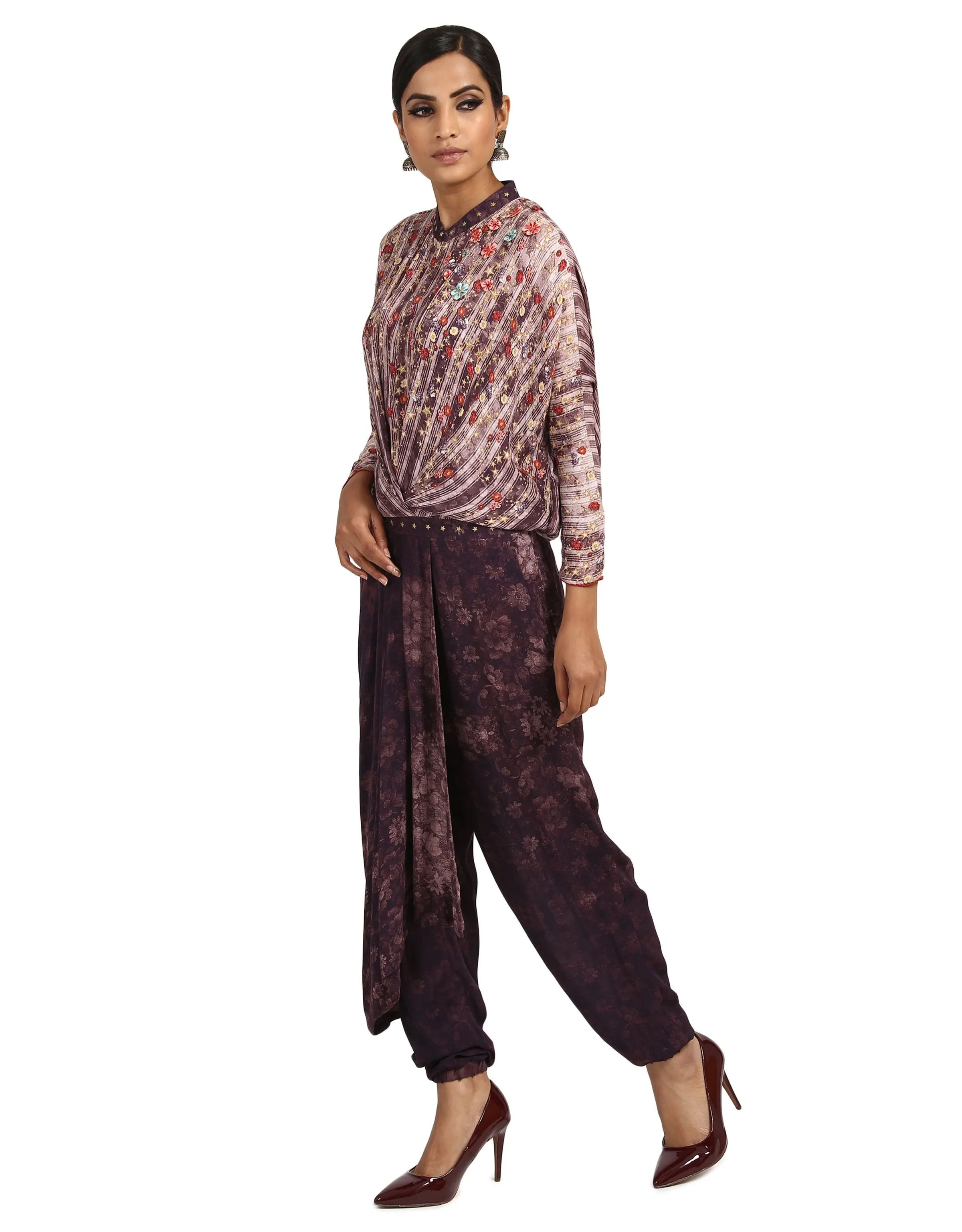 Draped Jumpsuit with 3D Embroidered Flowers- Aubergine