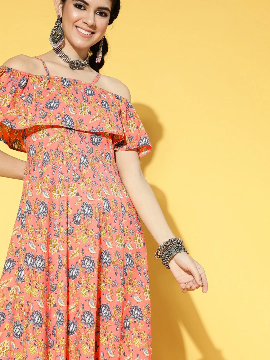 Peach-Coloured & Blue Floral Printed Dress